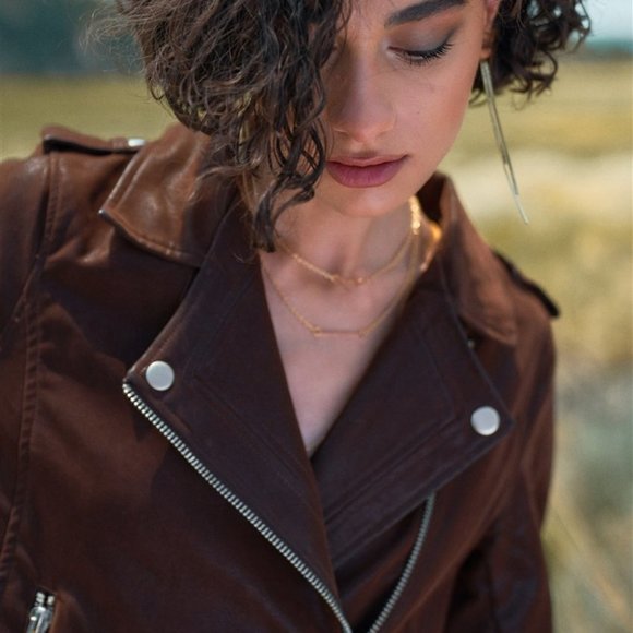 Brown Faux Suede Edgy Belted Hem Biker Jacket - Picture 3 of 5